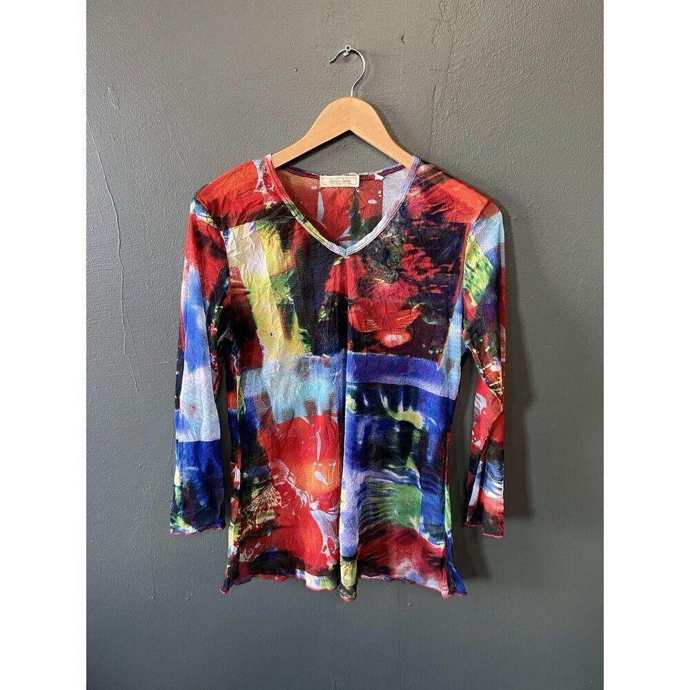 Jess & Jane Womens Long Sleeve Shirt Sheer Abstract Graphic Size Small